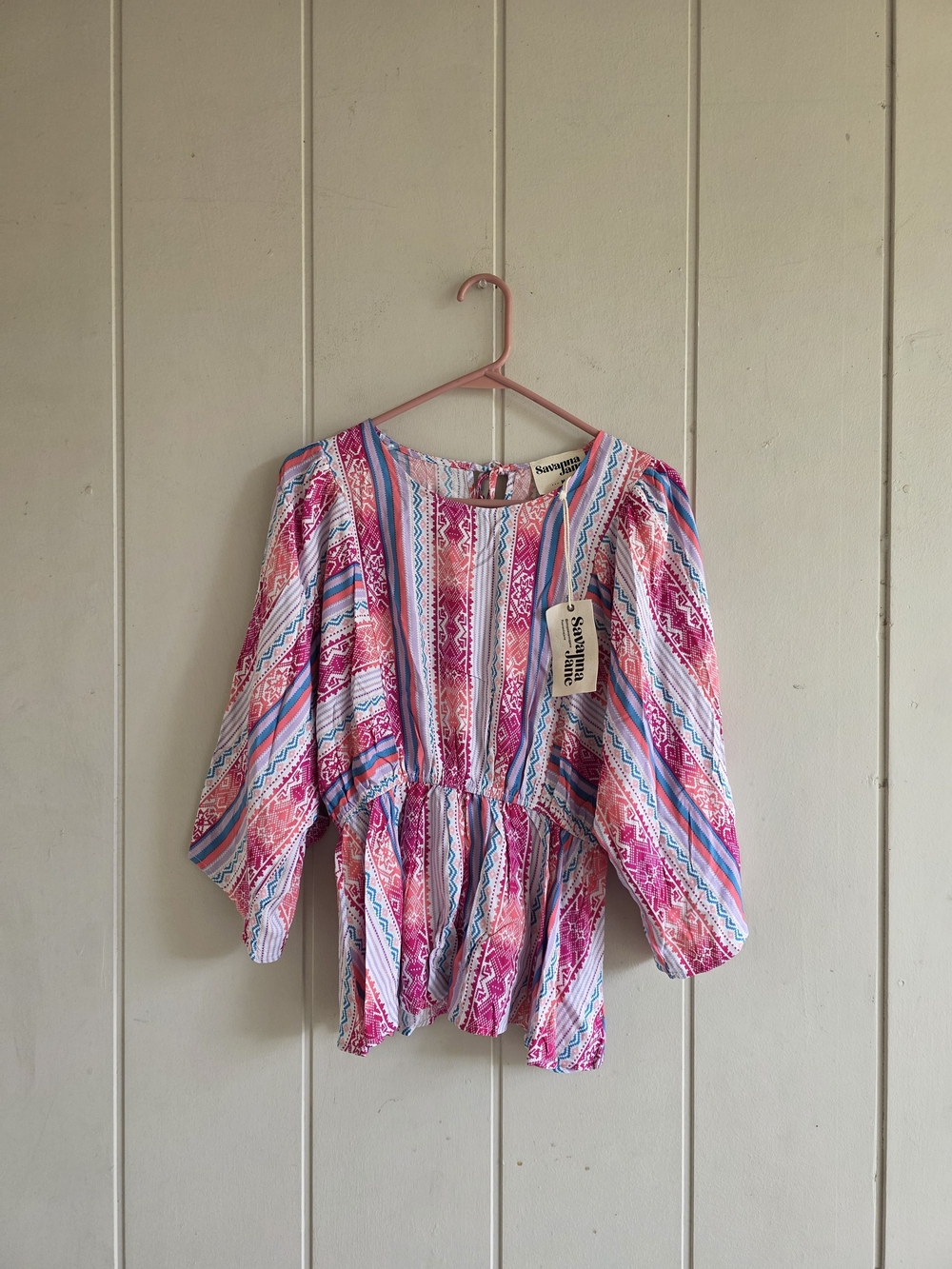 Savanna Jane Aztc Ikat Bell Sleeve Peplum Blouse Bohimian Peasant Top Medium New
